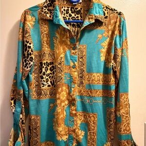 Vintage Style Turquoise and Gold Patterned Shirt